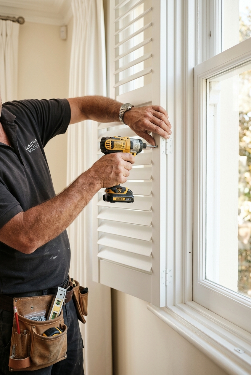 One of our fitters carefully installing a bespoke plantation shutter