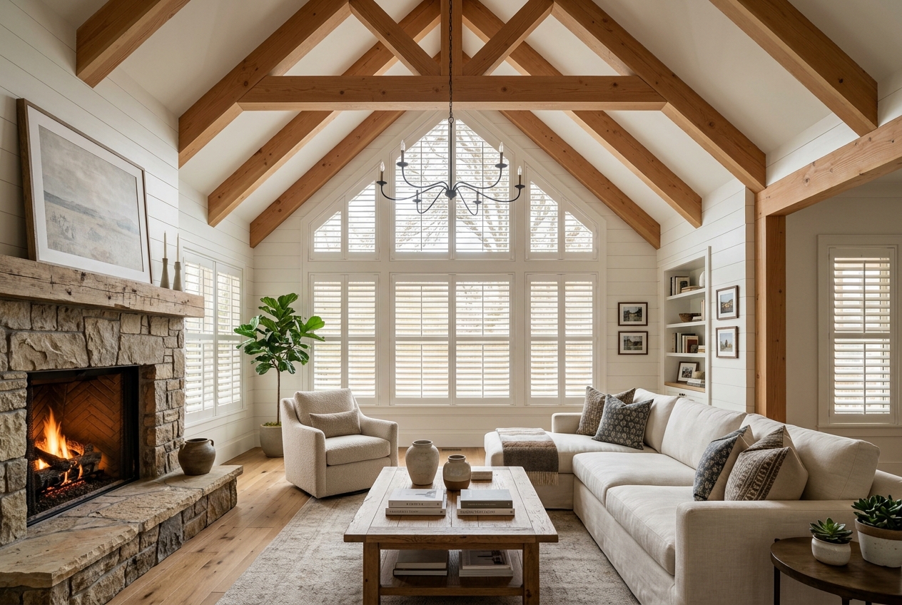 Special Shapes plantation shutters in a living