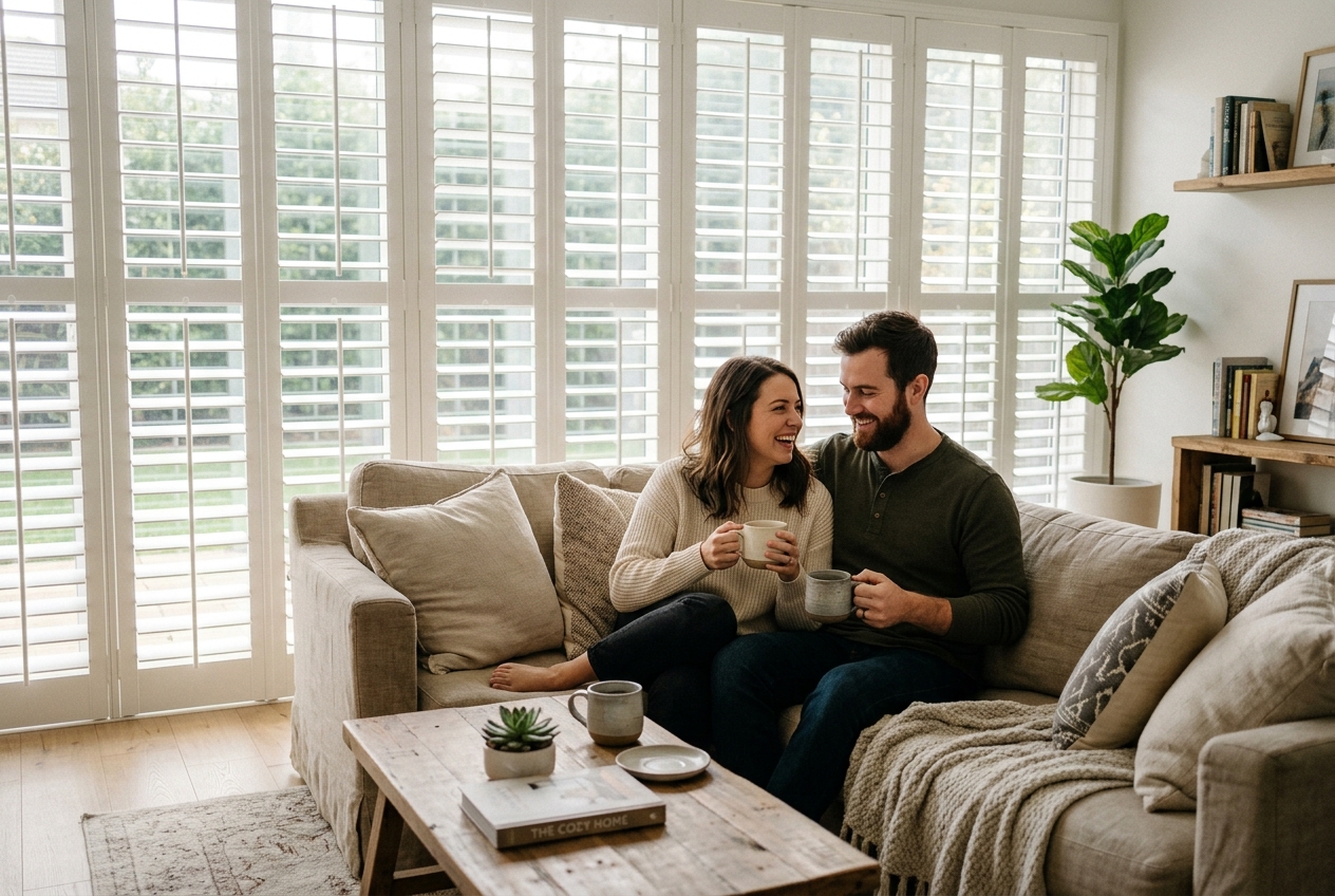 Full Height plantation shutters in a living