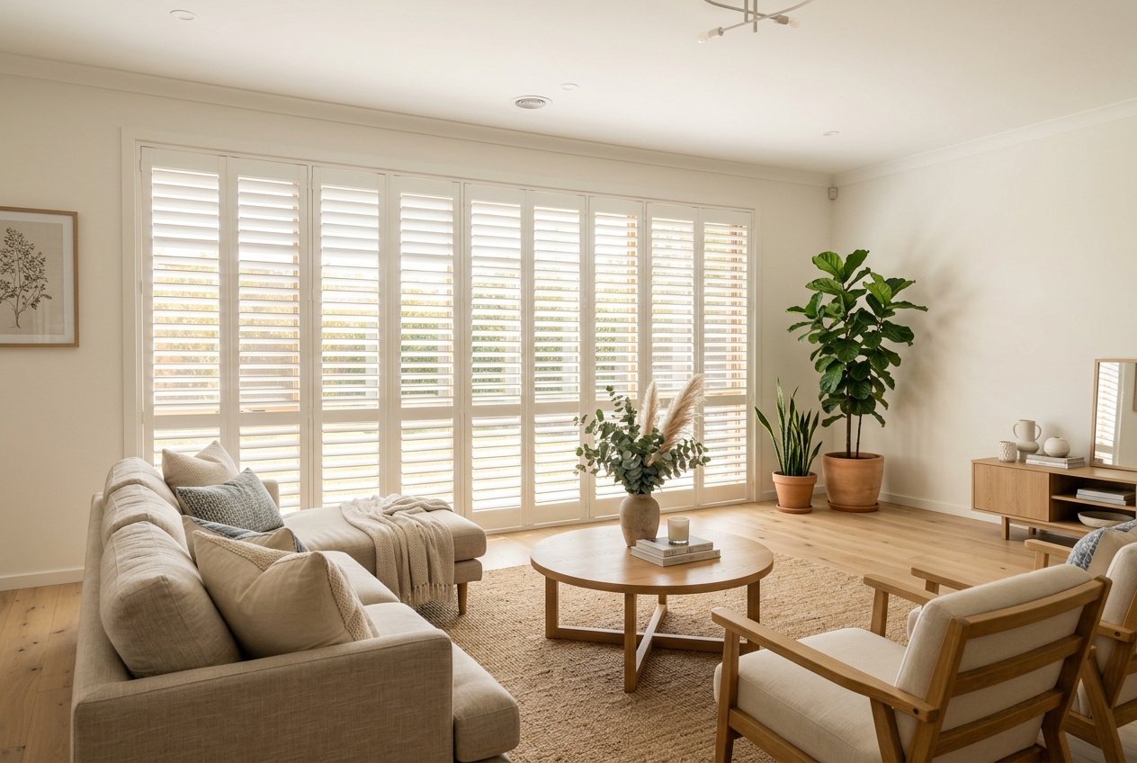 Full Height plantation shutters in a living