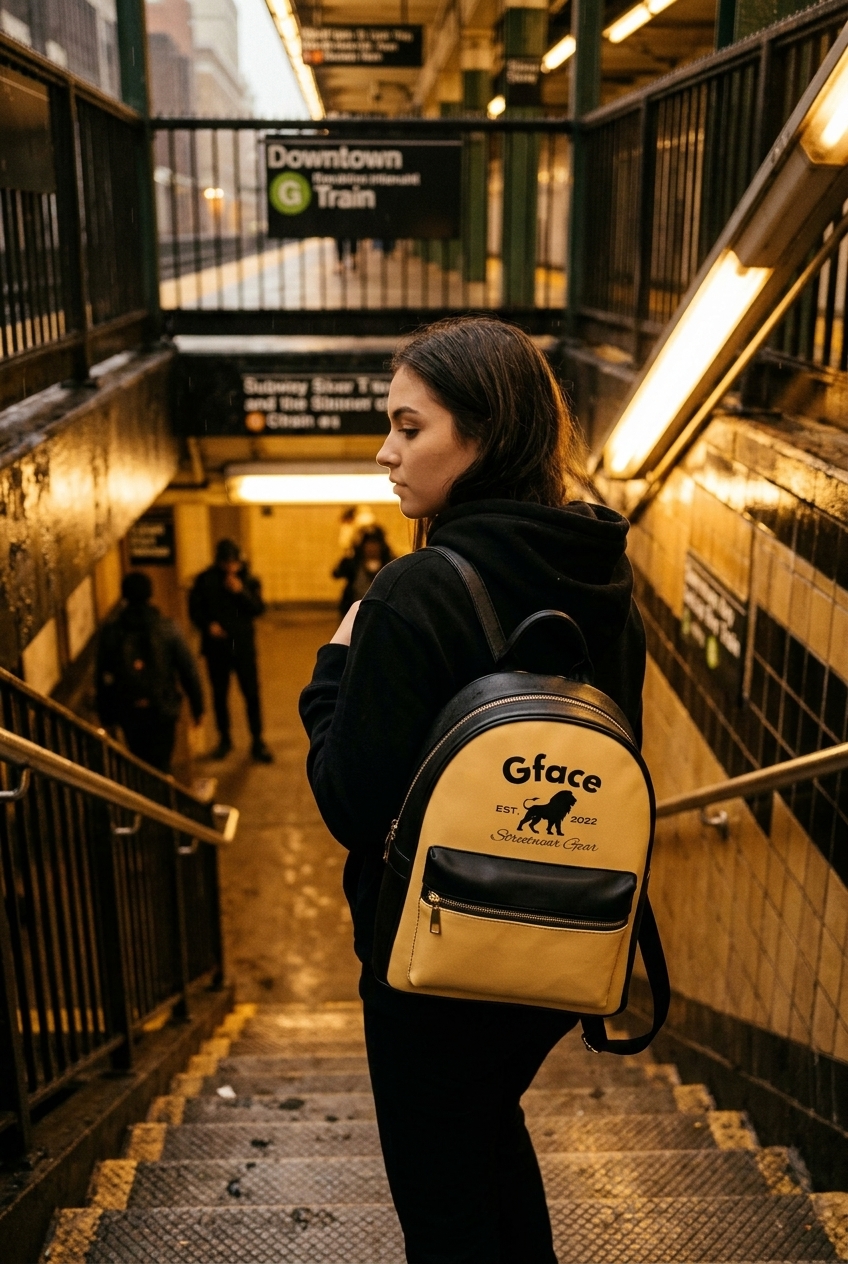 Shop GfaceGear Backpacks — woman wearing the Gface gold and black backpack in a New York subway station — black and gold streetwear