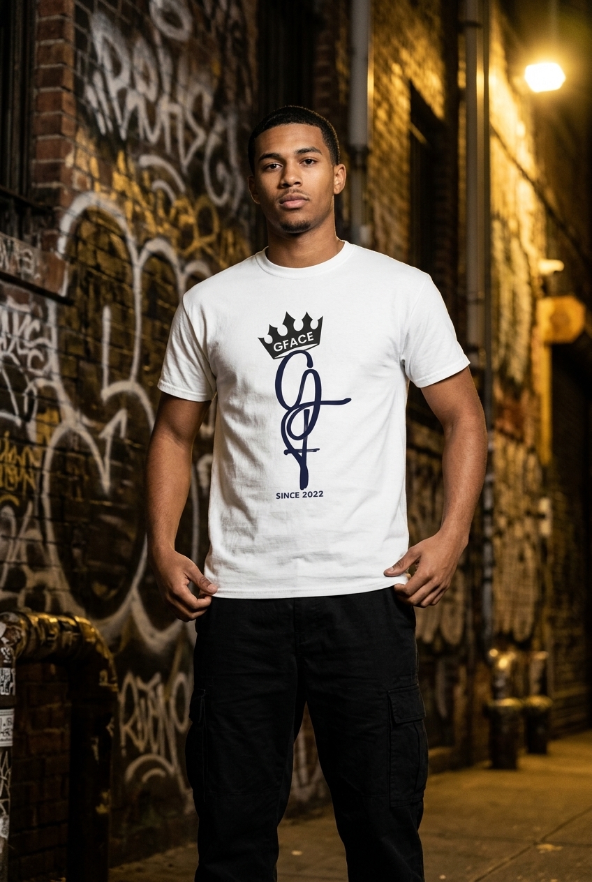 Shop GfaceGear T-Shirts — man in a Gface Royal Classic tee by a Brooklyn graffiti wall — black and gold streetwear