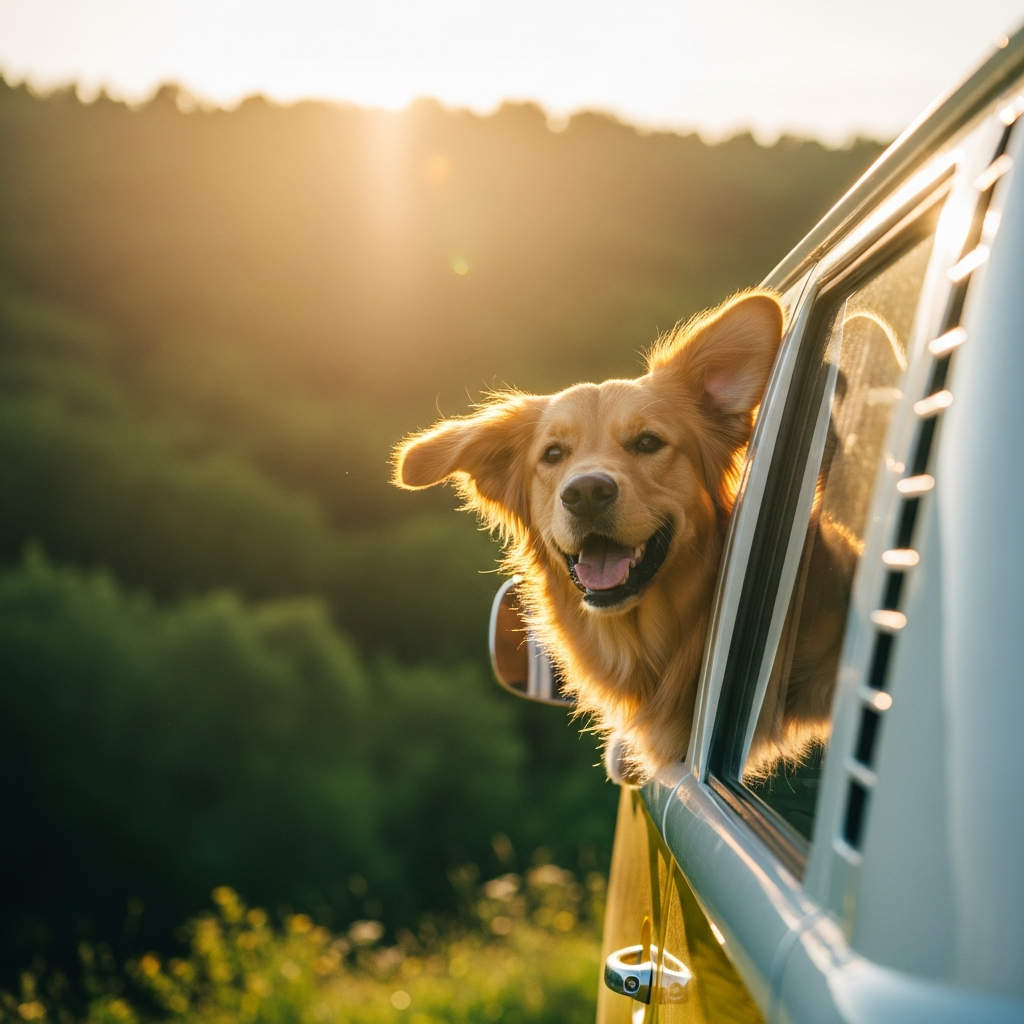 A joyful golden retriever in a vintage camper van