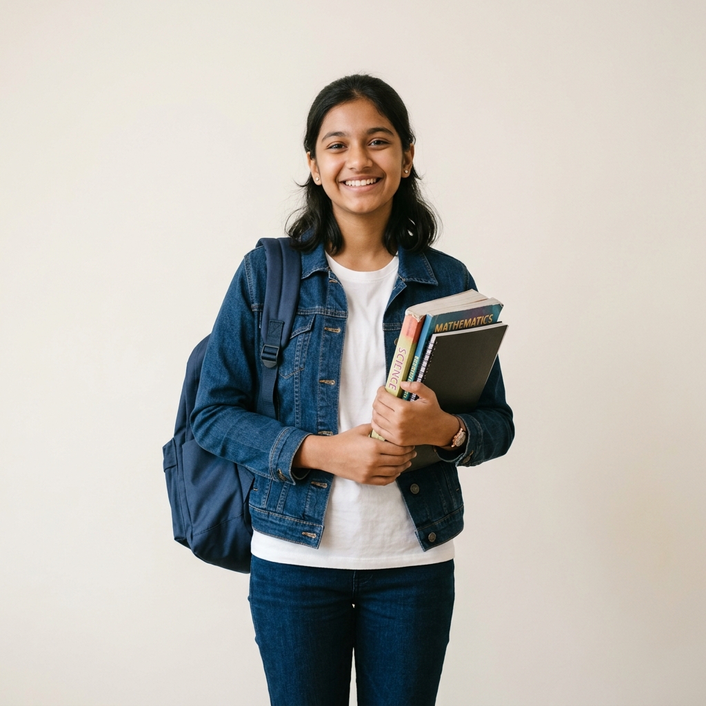 A cheerful school student holding books, ready to find the right tutor with TutorVy