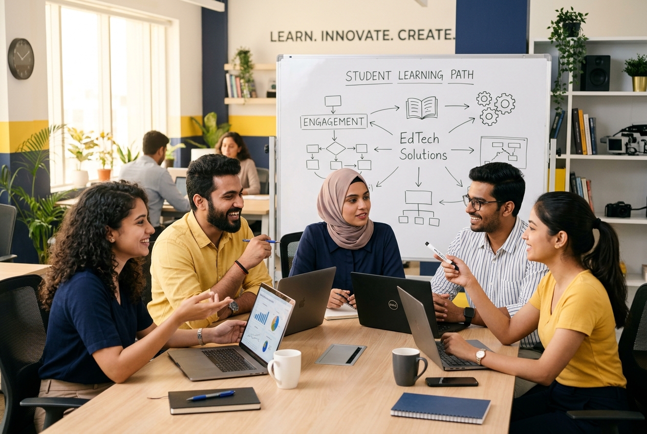 A collaborative TutorVy team working together in a modern education-technology office
