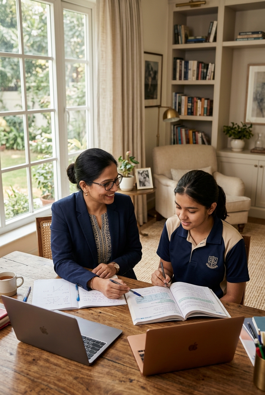 A professional tutor giving personalised one-to-one tuition to a senior school student in a premium Indian home study
