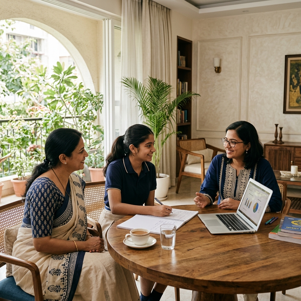 A parent, student and tutor discussing a personalised learning plan at home