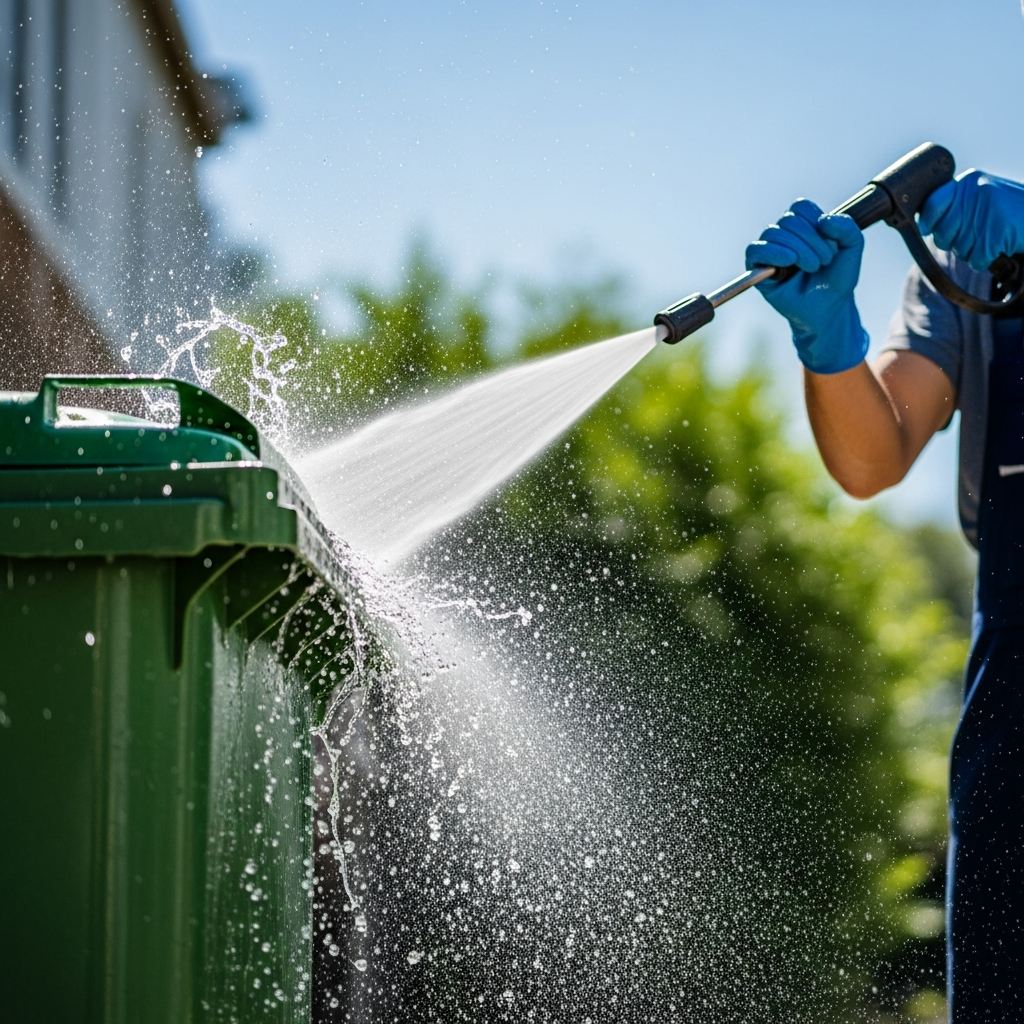 High-pressure cleaning of a green trash bin