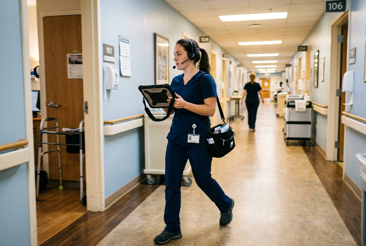 A nurse using Comply-X hardware in motion on the floor