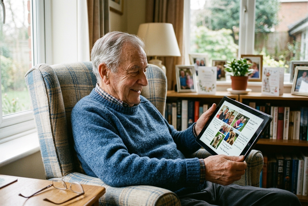 Elderly resident viewing family photos and messages on a tablet