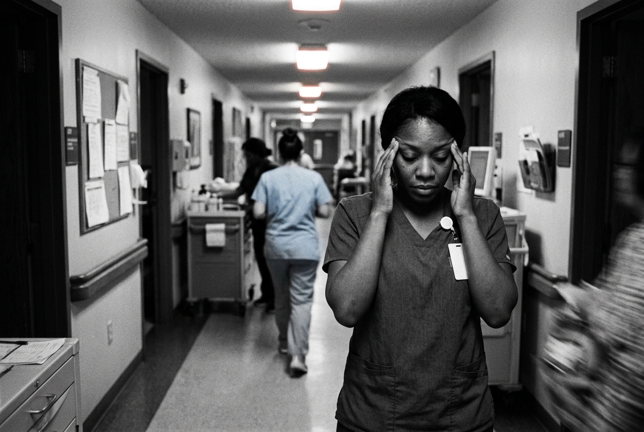 Understaffed care team hurrying through a hallway during a hectic shift