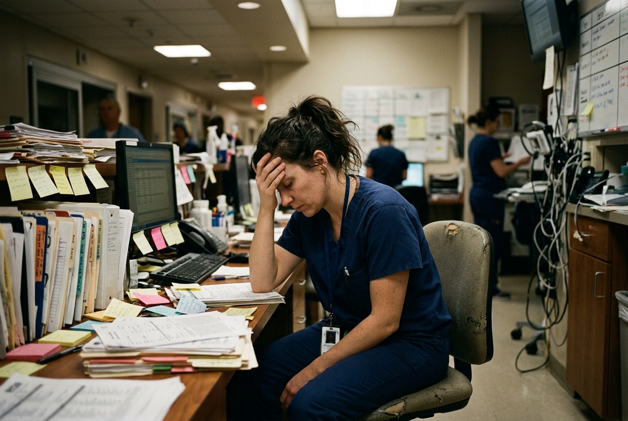 An overwhelmed nurse at a cluttered nurses' station during a compliance crisis