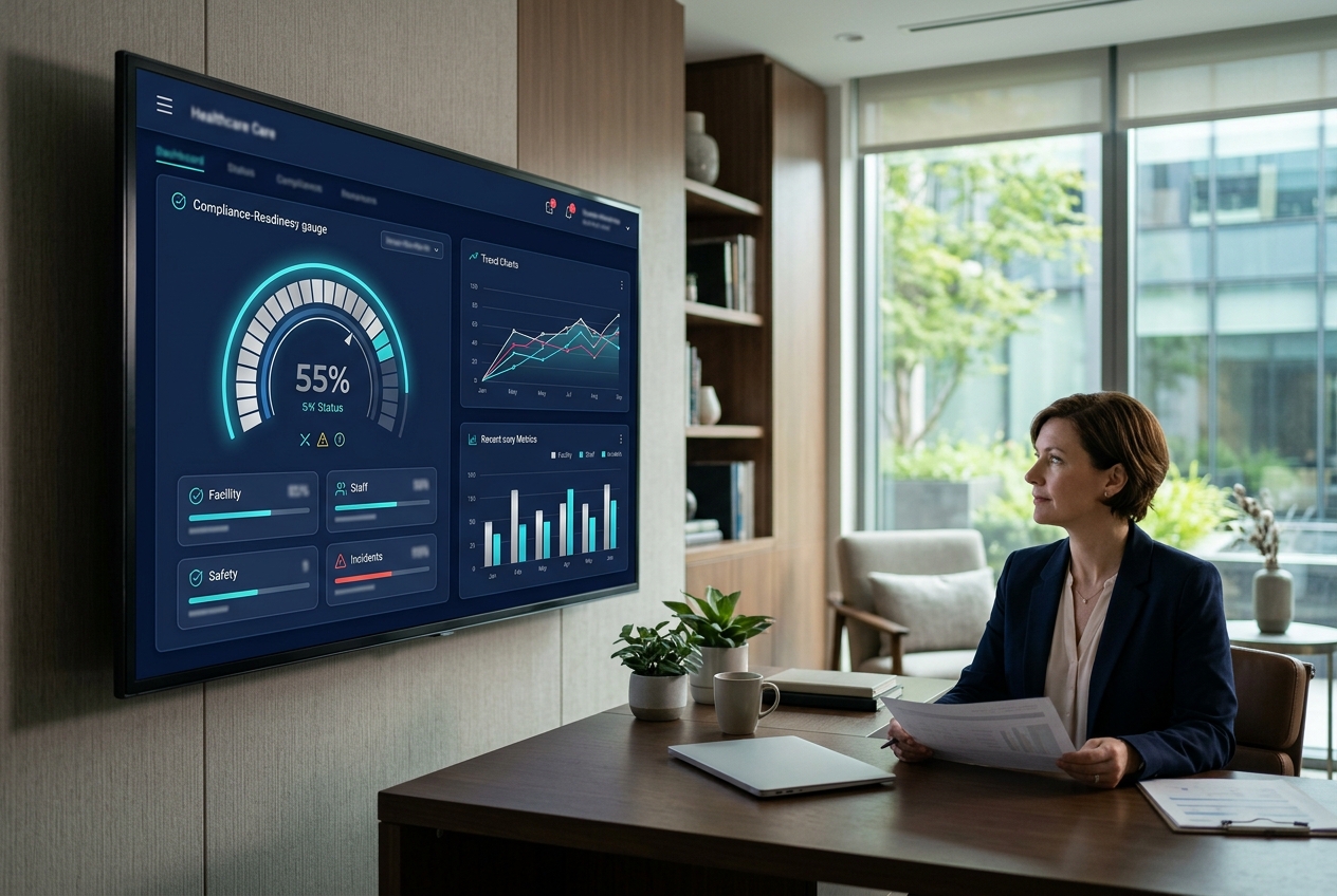 The Comply-X compliance dashboard on a desktop in a care-facility office