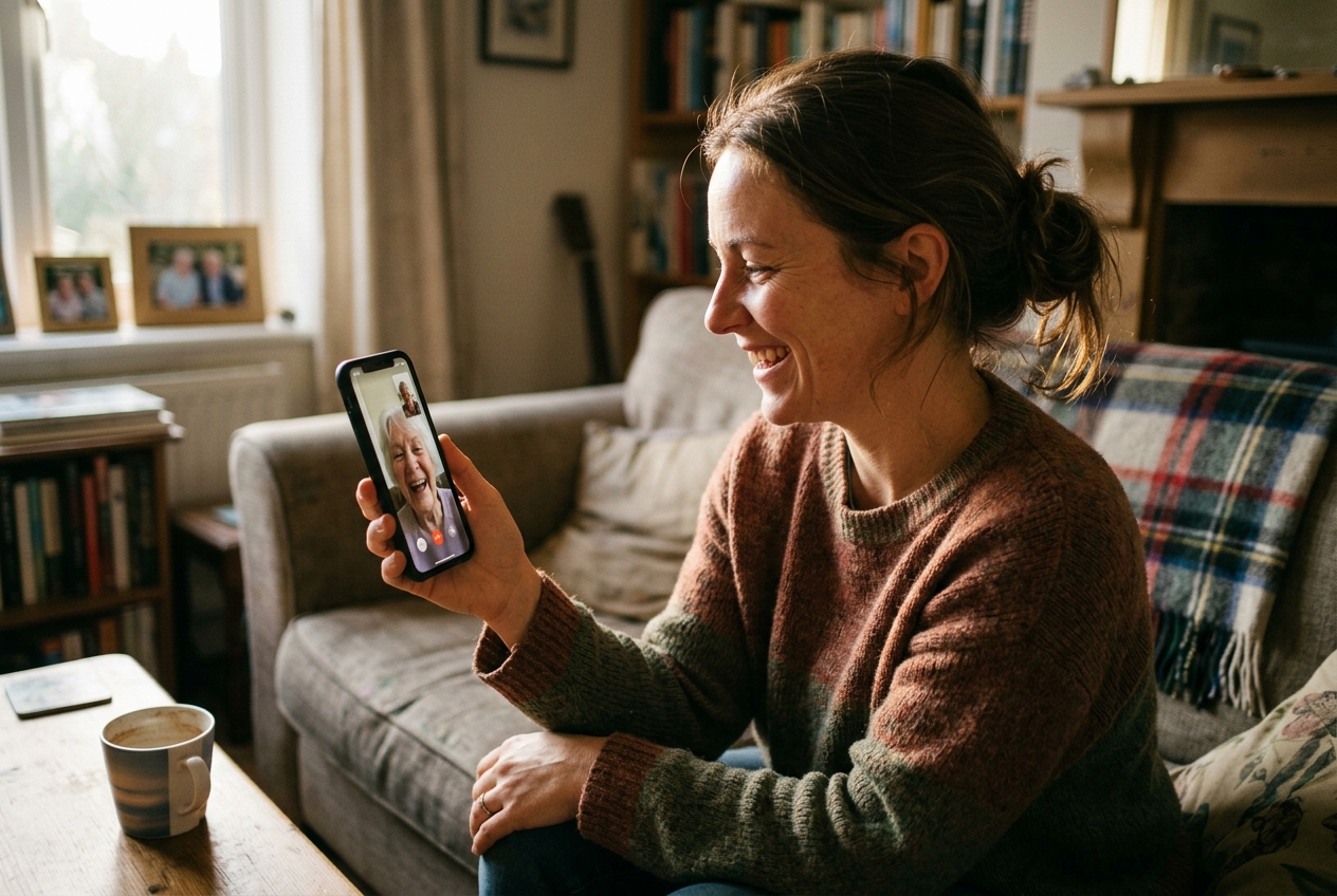 Adult daughter on a video call with her elderly mother