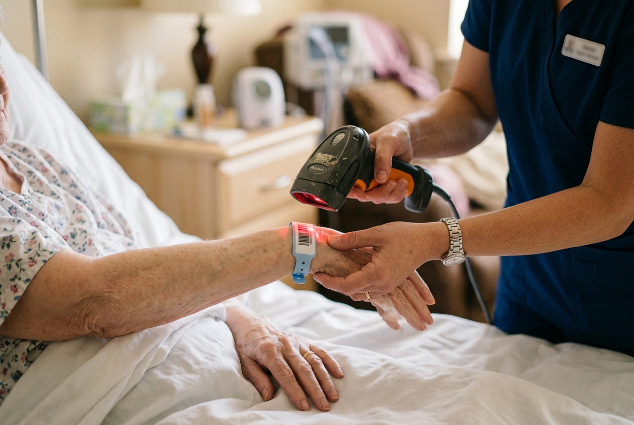 Nurse scanning a resident's ID wristband to confirm the right resident