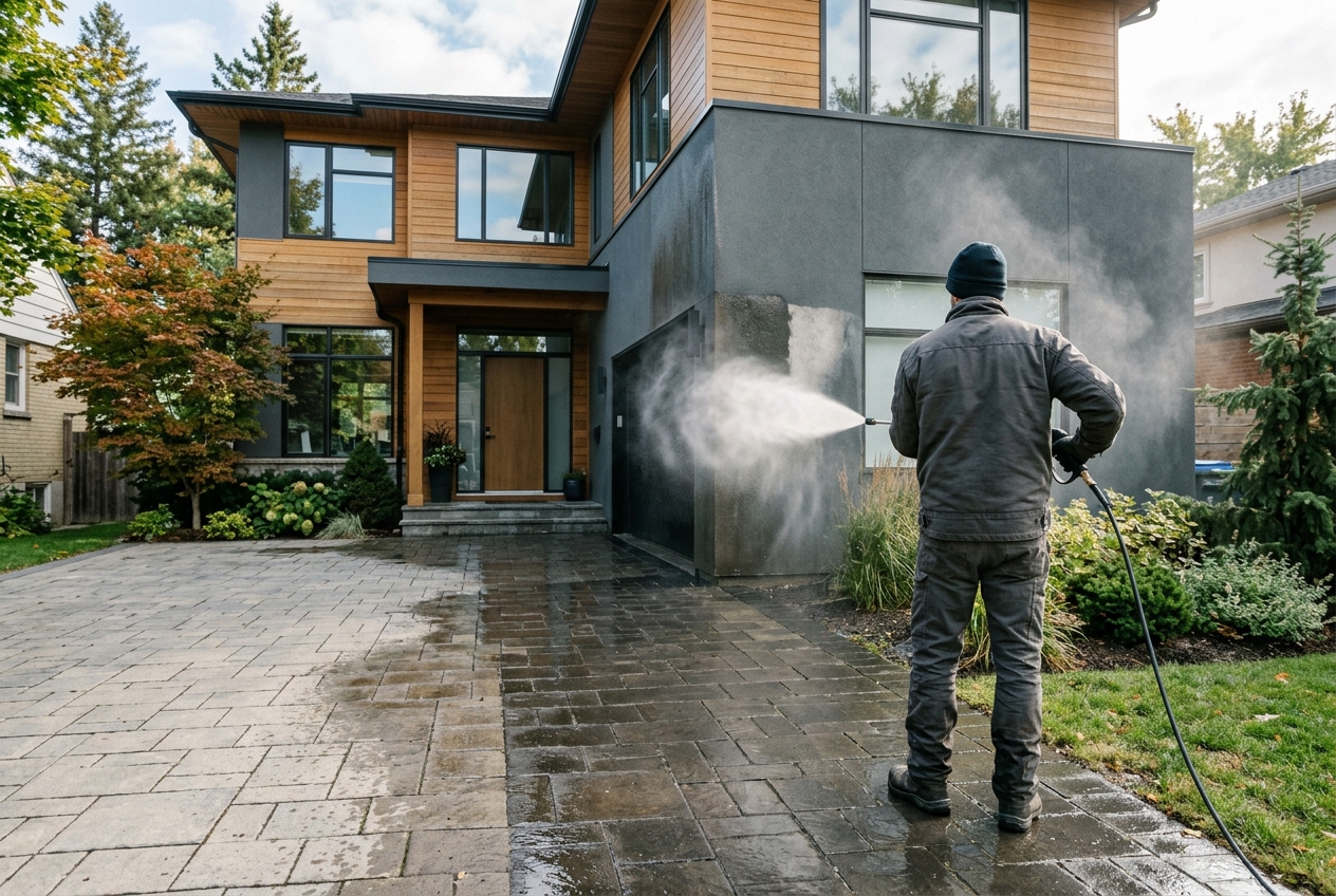 Façade et entrée d’une maison en cours de lavage à pression
