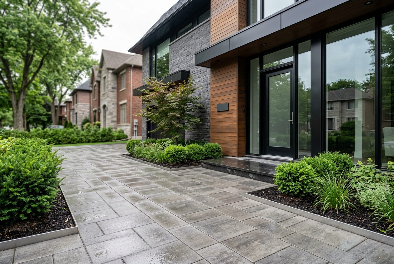 Entrée résidentielle propre avec pavé, végétation et façade contemporaine
