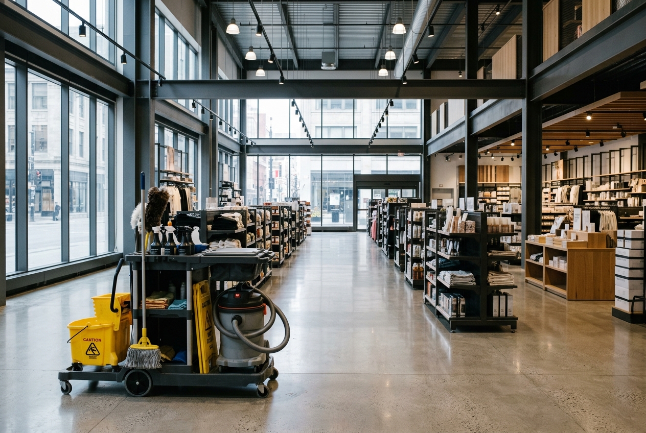 Grand magasin commercial avec surfaces propres et prêt à accueillir les clients