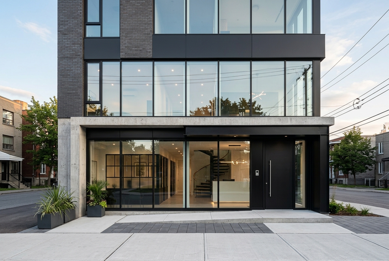 Façade commerciale moderne avec vitrines et entrée propre