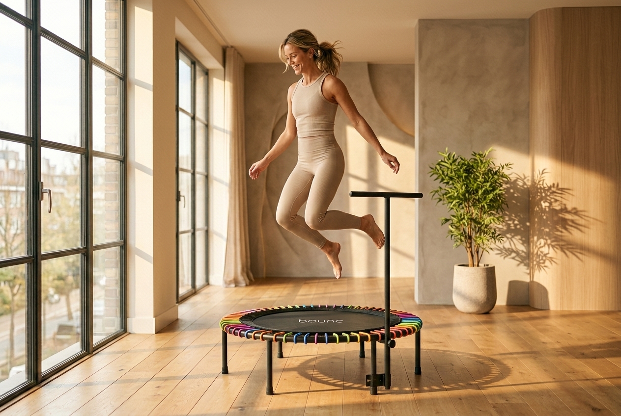 Person bouncing on BOUNC rebounder in a modern home