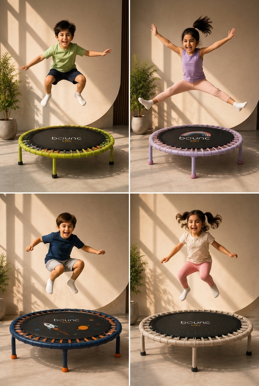Kids jumping on Bounc Kiddo rebounders in fun colours