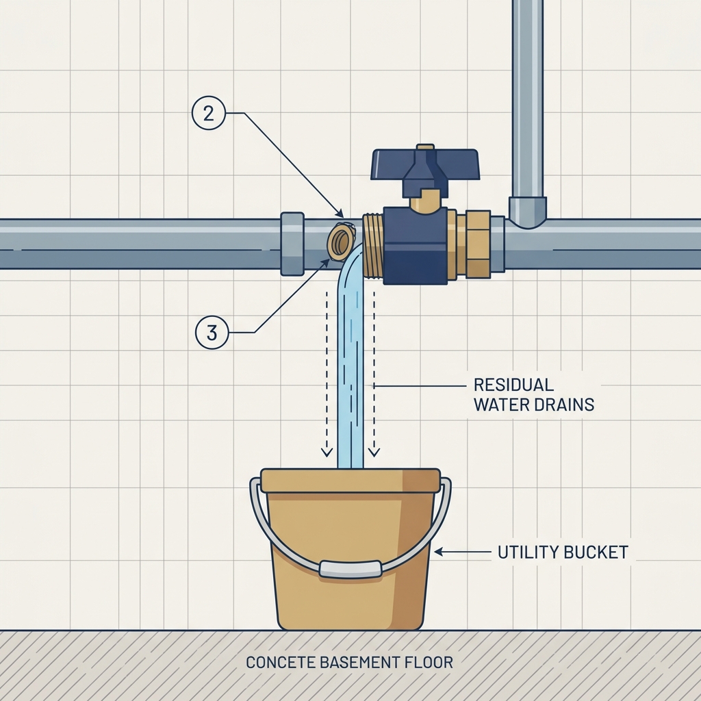 Residual water draining from the valve into a utility bucket