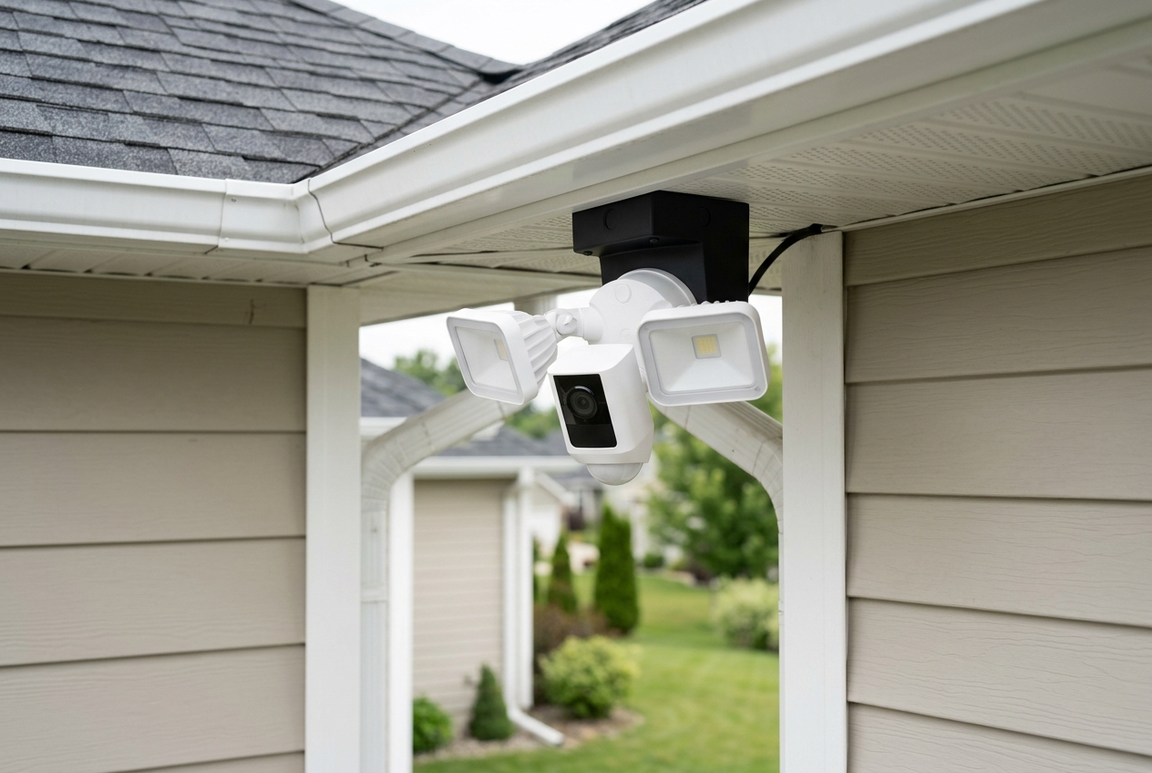 Floodlight camera soffit-mounted on a 90-degree adapter aimed outward
