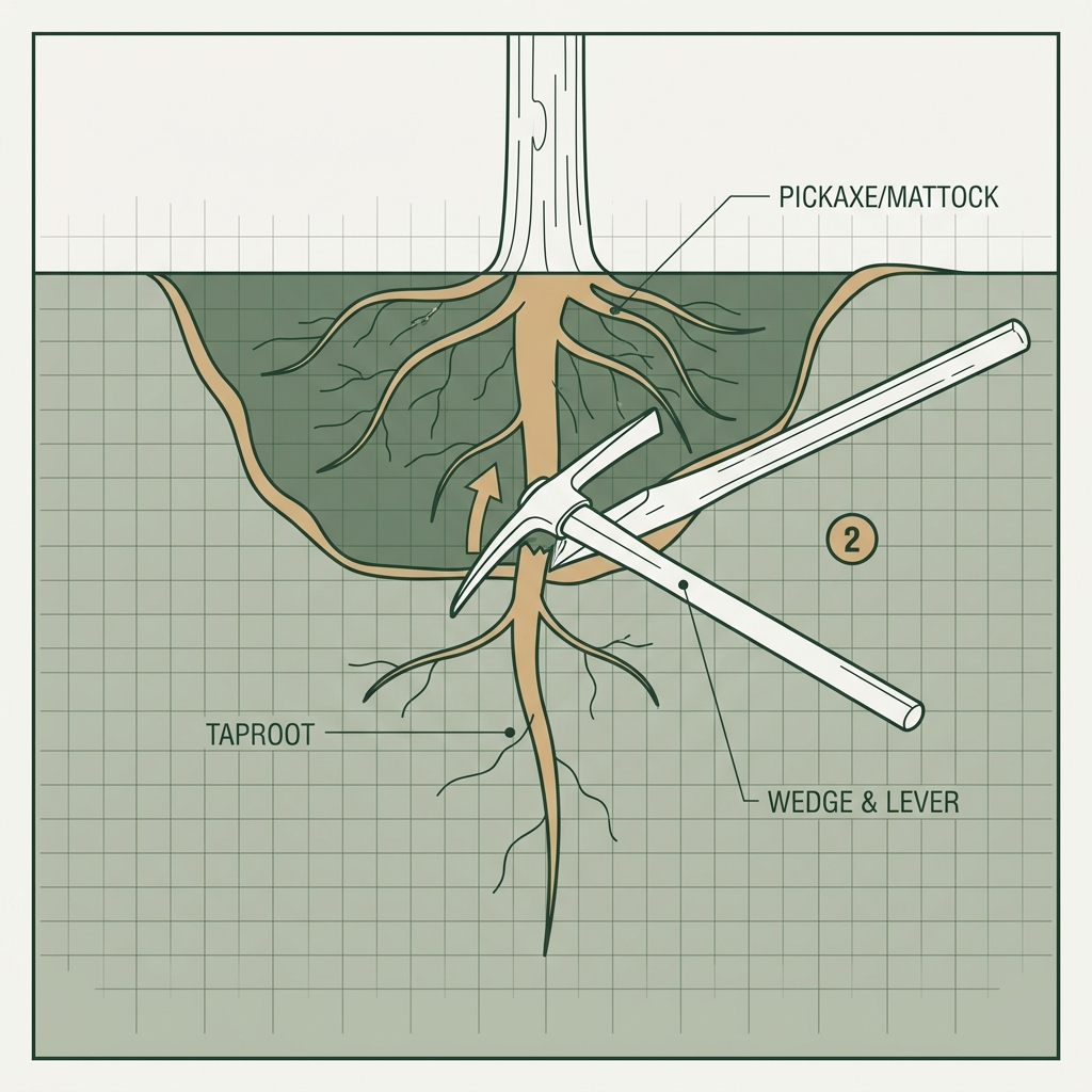 Wedging a pickaxe under the center to lever and sever the taproot