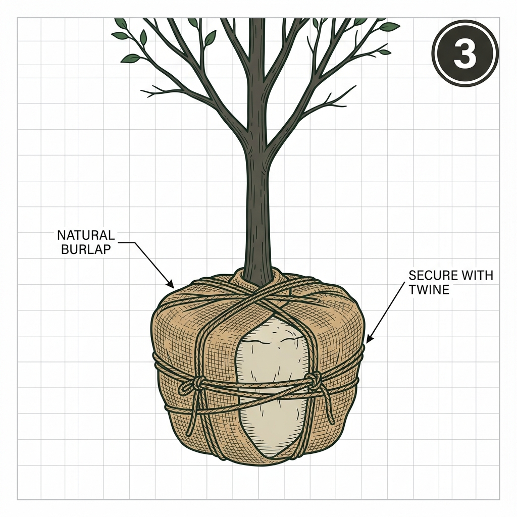 Root ball wrapped in natural burlap and secured with twine