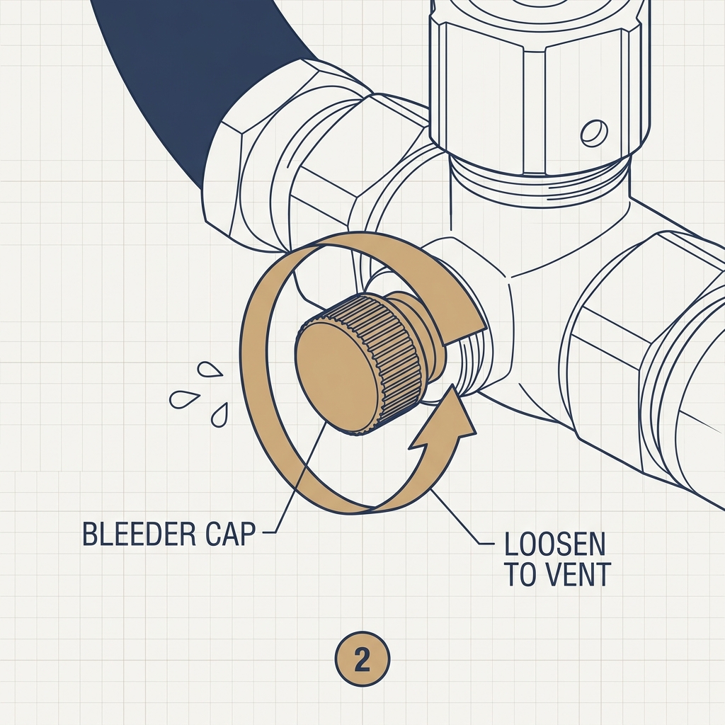 Loosening the bleeder cap counter-clockwise to vent the line