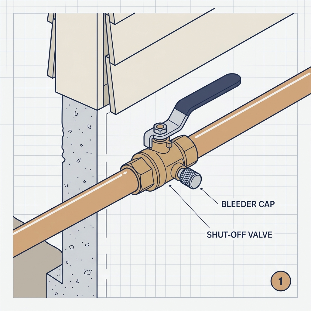 Shut-off valve and labeled bleeder cap on the indoor supply pipe