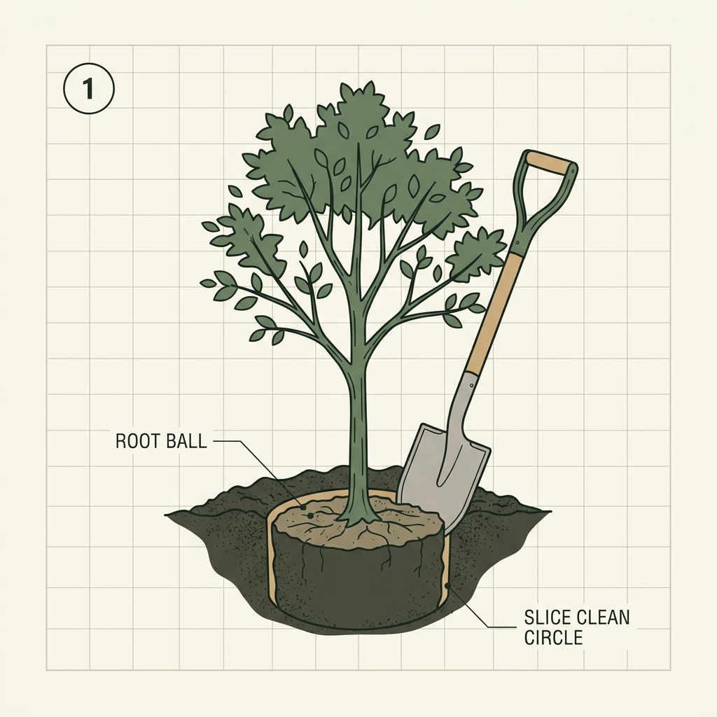 Slicing a clean circle around the tree to define the root ball