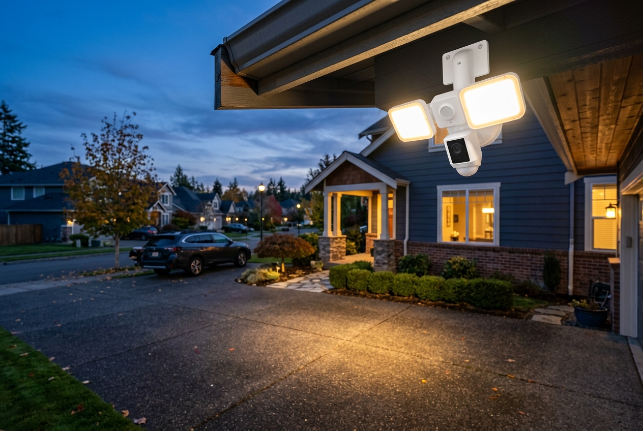 Floodlights on at dusk, lighting the driveway and front yard