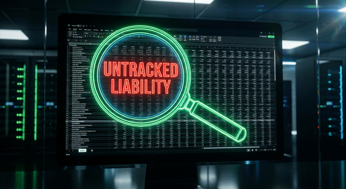 Magnifying glass revealing hidden liabilities in a spreadsheet