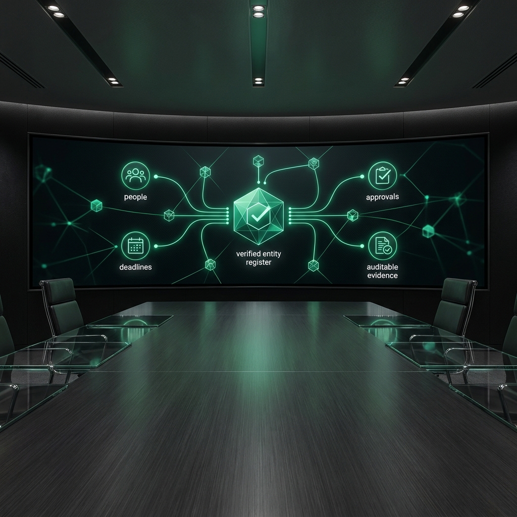 Board-ready register connecting entities, people and auditable records